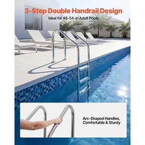 Scala per Piscina in Acciaio Inossidabile con 3 Gradini, Doppio Corrimano, Gradini Larghi Antiscivolo, Capacità 120 kg, Gradini in Plastica - Product Image 2