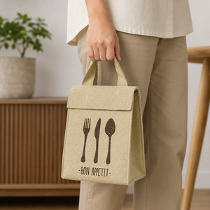 Sac à déjeuner isotherme en jute, sac isotherme laminé PP, doublure en feuille d'aluminium, fermeture velcro, logo personnalisé, vente en gros, OEM, marque privée, 19,5x24x10 cm - Product Image 5