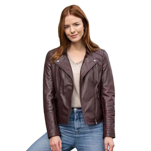 Chaqueta de Cuero PU Marrón para Mujer, Cuello Alto, Manga Larga, Cierre de Cremallera, Color Sólido, Estilo Motero, Chaquetas de Cuero Personalizadas - Product Image 5