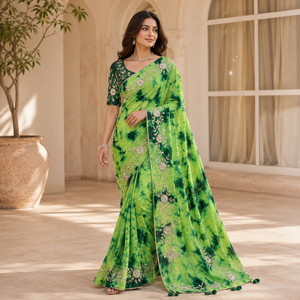 Sari en soie Upada vert tie-dye vintage, longueur ras du sol, infroissable, protection solaire, broderie miroir, pour femme, tenue de soirée indienne - Product Image 3