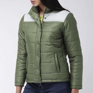 Green Quilted Women's <b>Jacket</b> With Stand Collar Full Sleeve Button Closure Autumn Wear - Product Image 1