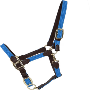 Customized Braided Design Double Adjustable Handmade Plated Nylon Horse <b>Halter</b> with Leather Loops and Golden Fittings - Product Image 4