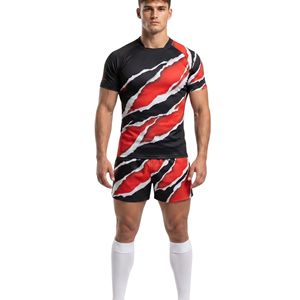 Tenues de rugby géométriques rouges en polyester respirant, maillot et short de club sportif, ensembles de tenues de rugby - Product Image 2