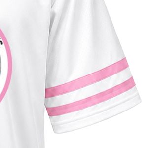 เสื้อเจอร์ซีย์กีฬาคอวีปักลายตราสัญลักษณ์ไวท์แจ็คแอนด์จิล แขนสั้น ลายทางสีชมพู เสื้อทีมกีฬา ชุดยูนิฟอร์มทีมแบบกำหนดเอง - Product Image 3