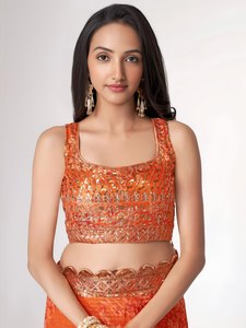 Rivaayat House <b>Orange</b> Floral Print Organza Floor-Length Traditional <b>Saree</b> with Blouse Padded Wedding Festival Wear for Women - Product Image 3