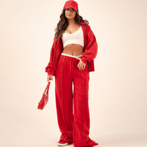 Bright <b>Red</b> Three Piece Tracksuit for Women Zip Up Bomber Jacket with <b>Crop</b> <b>Top</b> and Wide Leg Seam Detail Sweatpants Lounge Outfit - Product Image 1