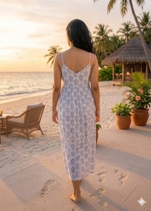 เดรสยาวทรงเอผ้าฝ้ายทอมือพิมพ์ลายบล็อก สายเดี่ยวสไตล์โบฮีเมียนสำหรับผู้หญิง เหมาะสำหรับใส่ไปชายหาด ฤดูร้อน เนื้อผ้าน้ำหนักเบา สไตล์อินเดีย ธรรมชาติ - Product Image 5