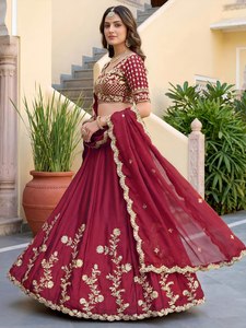Maroon Organza Embroidered <b>Lehenga</b> With Gold Floral Work A-Line Floor-Length Bridesmaid Dress V-Neck Short Sleeve - Product Image 1