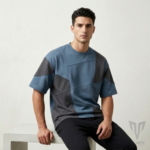 Men's Color Blocked Oversized T-<b>Shirt</b> Short Sleeve O-Neck Casual Knitted <b>Patchwork</b> Design Regular Fit Style - Product Image 1
