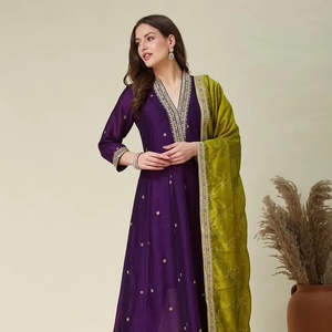 New Trendy Long Designers <b>Silk</b> Embroidered <b>Kurta</b> Pant Dupatta Set Casual Wear Traditional Fully Stitched Dress - Product Image 1