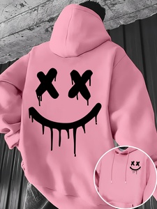 เสื้อฮู้ดโอเวอร์ไซส์สีแดงสำหรับผู้ชาย สไตล์สตรีทแวร์ พิมพ์ลายยิ้มหยดน้ำ โลโก้ด้านหลัง ผ้าฝ้ายเฟรนช์เทอร์รี่ ทรงปกติสำหรับฤดูใบไม้ร่วง - Product Image 2
