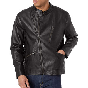 Chaqueta Bomber de Cuero Vacuno Negro para Hombre, Cuello Alto, Cierre de Cremallera, Manga Regular, Color Sólido, Invierno, Acabado Ecológico - Product Image 1