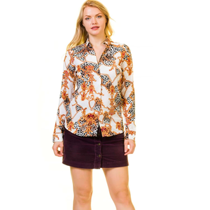 Beige Black Leopard with Gold <b>Chain</b> Women Dress Shirt <b>Top</b> Office Lady Organic Soft Cotton Blouse Long Sleeve Shirts - Product Image 4