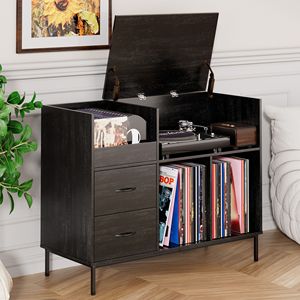 Support pour tourne-disque en bois grainé noir avec prise de courant, couvercle rabattable, table pour plus de 300 vinyles, étagères pour CD, console multimédia - Product Image 2
