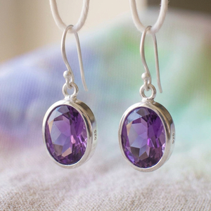 Boucles d'oreilles ovales en argent avec améthyste violette, style bohème, en forme de goutte d'eau, facettées, pour femme, bijoux cadeau - Product Image 1