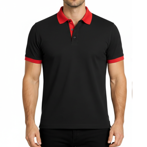 Polo clásico negro para hombre con cuello rojo en contraste, corte ajustado, manga corta, informal, para golf. - Product Image 1