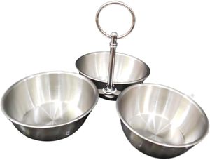 Stainless steel <b>3</b> bowl snack stand, metal serving stand with bowls, <b>3</b> tier snack serving set, steel bowl stand with handle, - Product Image 6