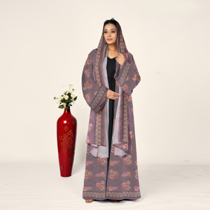 Abaya de Chifón con Motivo Floral y Pañuelo Drapeado para la Cabeza, Manga Fluida Abierta por Delante, Ropa Islámica Modesta para Mujer, para Oración del Eid y Ramadán - Product Image 1