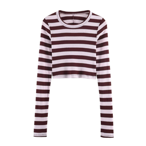 Camiseta de punto para mujer, estilo vintage, a rayas, manga larga, cuello en V, ajustada, sexy, informal, con encaje, de secado rápido, para primavera - Product Image 5