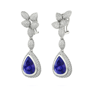 Boucles d'oreilles pendantes de luxe pour femme en or massif 18 carats avec saphir, plaqué rhodium, forme goutte d'eau, diamants ronds taille brillant - Product Image 3