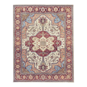 Tapis de chambre à coucher à poils ras, noué à la main, en laine et soie, motif géométrique Heriz, bordeaux ivoire - Product Image 4