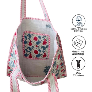 Handmade Floral Hand Block Printed Quilted Cotton Bohemian Tote <b>Bag</b> Trim Zipper Closure Elegant Style <b>Beach</b> Shopping Travel All - Product Image 3