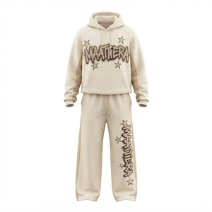 Custom <b>Women</b> Cream Oversized Hoodie and Wide Leg <b>Sweatpants</b> Two Piece Graphic Streetwear Tracksuit Set - Product Image 3