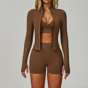 Custom High Quality Quick Drying Shrinking Waist Thin Women <b>Jacket</b>+Bra+shorts Three-piece Set Sports Fitness <b>Yoga</b> Gym Wear <b>Yoga</b> - Product Image 5