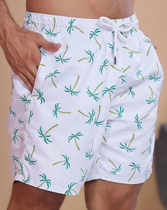 Men's Tropical Palm Print Eco-Friendly Breathable <b>Lace</b> Mid Waist Quick Dry Satin Shorts <b>Elastic</b> Waist Casual Summer Wear - Product Image 1