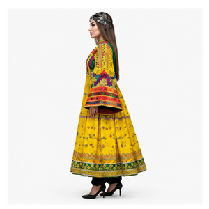Vestido Tradicional Indio-Pakistaní Salwar Kameez para Mujer, Amarillo, de Algodón, Bordado, Largo hasta el Suelo, Corte Holgado, para Boda, Estilo Afgano Kuchi - Product Image 2