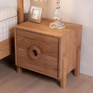 Table de chevet moderne en chêne massif à 2 tiroirs, style scandinave minimaliste, armoire de rangement pour chambre à coucher - Product Image 2