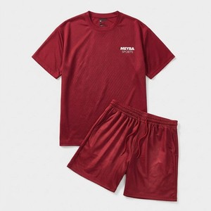 MEYBA SPORTS Men's Burgundy <b>Mesh</b> <b>Two</b>-<b>Piece</b> Activewear <b>Set</b> Breathable 100% Cotton T-Shirt Drawstring Shorts Streetwear - Product Image 1
