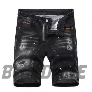 Shorts Bermuda en jean noir pour homme, taille mi-haute, fermeture éclair, style décontracté, déchiré, en coton délavé avec poches - Product Image 1