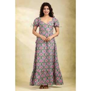 Vestido Largo de Algodón con Estampado de Bloques para Mujer, Vestido Maxi Boho Indio Hecho a Mano, Ropa de Playa de Verano, Atuendo Informal para Festivales - Product Image 1