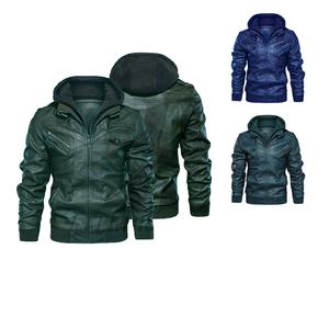 Chaqueta de cuero de invierno para hombre Chaqueta verde con capucha ajustada con forro de felpa cálido - Product Image 1