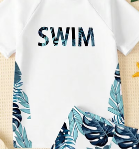 White Swim Letter Print Boy's T-Shirt and Shorts Set Casual Tropical Leaves Pattern Summer Outfit - Product Image 5