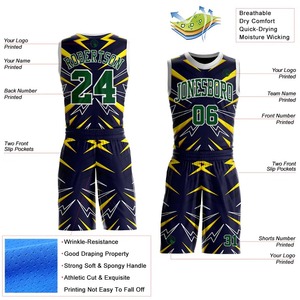 Ensemble de maillots de basket-ball sublimés personnalisés, unisexe, adulte, bleu marine, vert, jaune, imprimé éclair, nom de l'équipe, numéro 00, maille respirante - Product Image 4