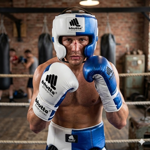 Customized Professional Boxing Set High Quality White Blue Leather Training Gear With Full Face Head & Groin Guard Boxing Gloves - Product Image 1