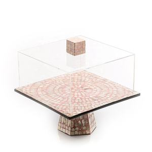 Premium luxury mother of pearl <b>cake</b> <b>stand</b>, acrylic <b>covered</b> pink wooden riser, stunning pastry showcase for hospitality - Product Image 1