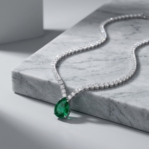 Pear Cut Emerald Drop V-Shaped Tennis Necklace with Lab Grown Diamonds 14K White Gold for Wedding - Product Image 2