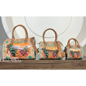 New Designer Pattern Hand <b>Tooled</b> Genuine Cowhide Leather <b>Small</b> Speedy Bag Desert Cactus Design Overnight Travel Bag for Unisex - Product Image 1