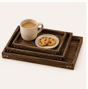 <b>Set</b> Of 3 Rustic Wooden Serving Trays With Brass Accents Nesting Rectangular Wood Platter For Coffee Table <b>Breakfast</b> In Bed - Product Image 2