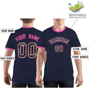 Maillot de baseball personnalisé pour homme, bleu marine avec bordure rose, motif camouflage, numéro imprimé par transfert thermique, col rond, manches courtes, vêtements de sport pour adultes - Product Image 2