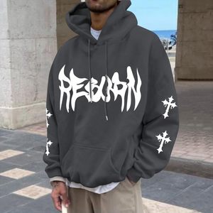 Sudadera con Capucha Oversize Estampada para Hombre, Negra, de Algodón, con Bolsillos, Estilo Urbano Otoñal, con Estampado Personalizado en Mangas y Pecho - Product Image 2