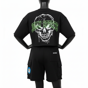 Conjunto de Camiseta y Pantalones Cortos de Algodón para Mujer, Pantalones Cortos Cargo Negros, Estampado Tie Dye Multicolor, Logotipo Personalizado, Top Corto y Pantalones Cortos 100% Algodón - Product Image 2