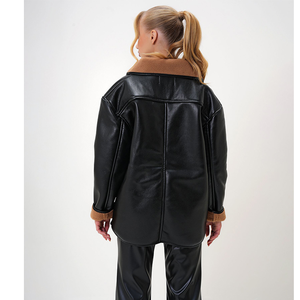 Blouson bomber en faux daim pour femme avec col et poignets en fourrure, manteau court d'hiver épais et coupe-vent pour femme - Product Image 5