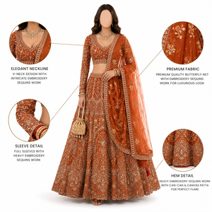 Ensemble de Lehenga de mariée de créateur haut de gamme, style papillon, richement brodé et orné de sequins, pour mariage et soirée - Product Image 1
