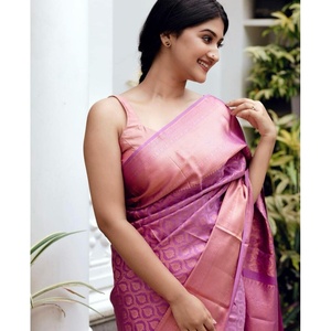 ATRACTIVO BANARASI SEDA ZARI TRABAJO TEJIDO SAREE CON BLUSA DESCOSTADA CEBOLLA - Product Image 1