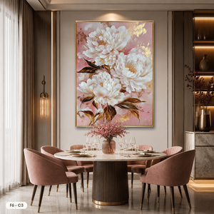 Toile murale florale, pivoines blanches, accents dorés, cadre en bois, impression de style classique, peinture sur toile F6-C3, peinte à la main - Product Image 6