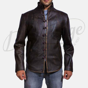 Veste en cuir véritable marron foncé de qualité supérieure pour homme, coupe ajustée, aspect vieilli, en cuir de vachette véritable, avec fermeture à boutons unique et col montant - Product Image 1